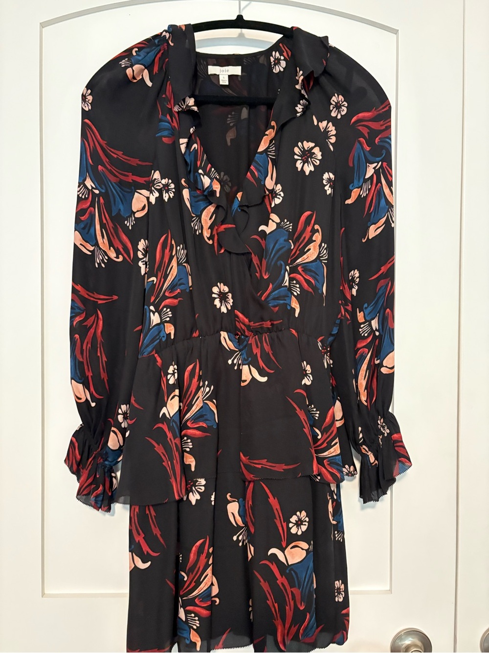 Joie Floral Ruffle-Trim Black Dress with Red & Blue Blooms